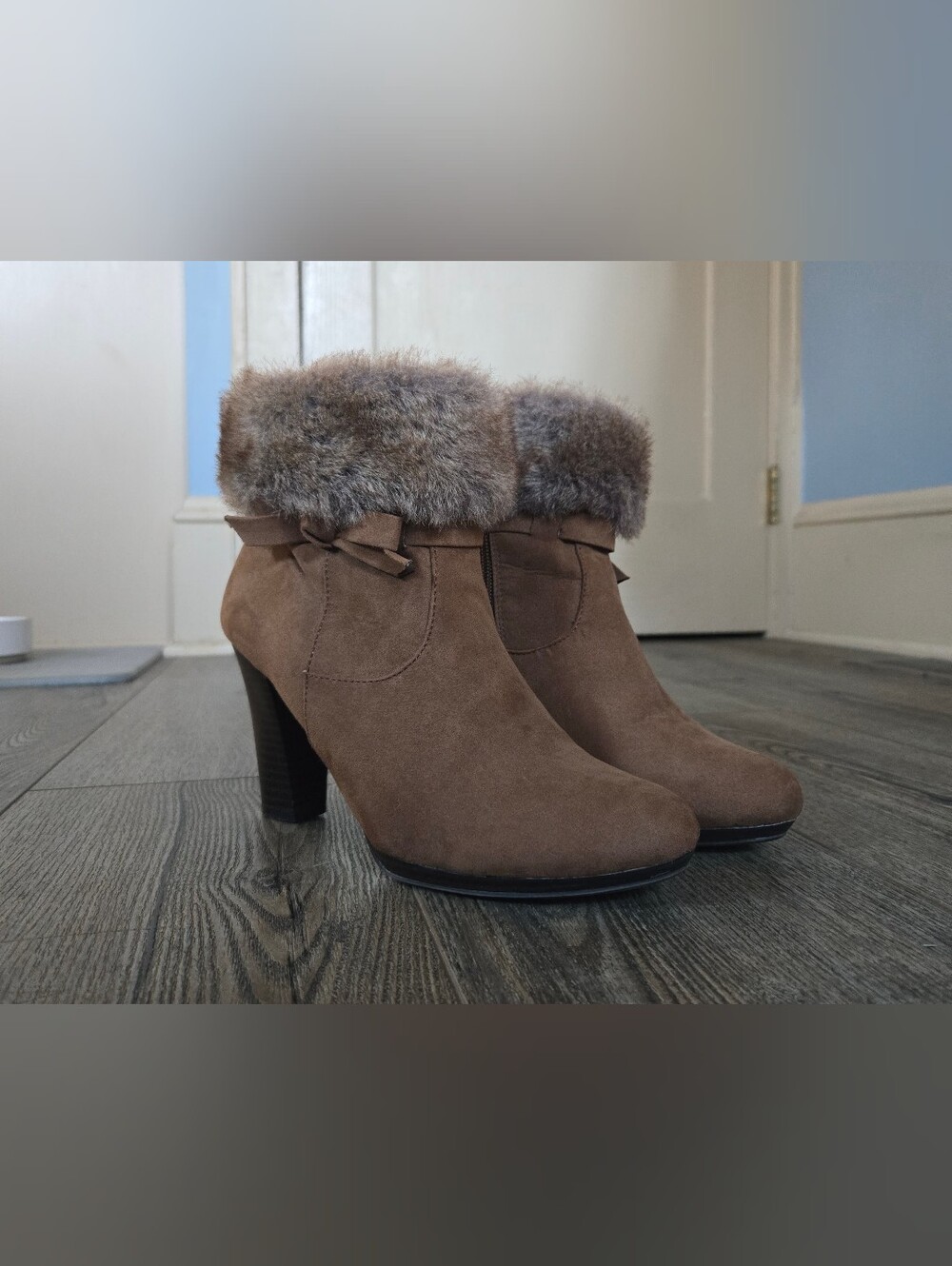 Brown Faux Fur Suede Ankle Boots - Women's